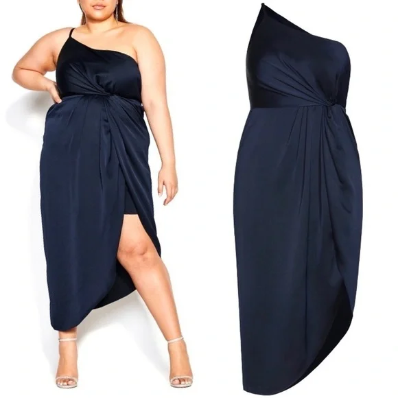 City Chic | Dresses | City Chic Sensual Dress One Shoulder Satin Midi Dress  In Navy Size 6 | Poshmark